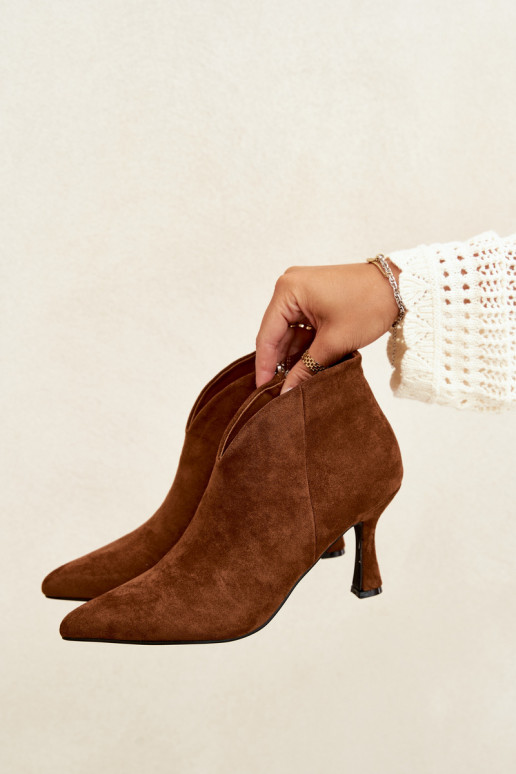 Women's ankle boots on a slim heel with pointed toe in brown color Bessia