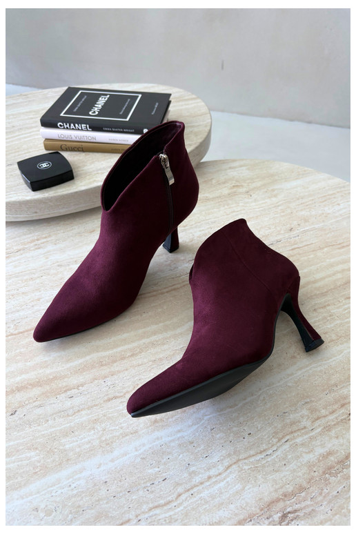 Women's ankle boots on a slim heel with pointed toe in burgundy color Bessia