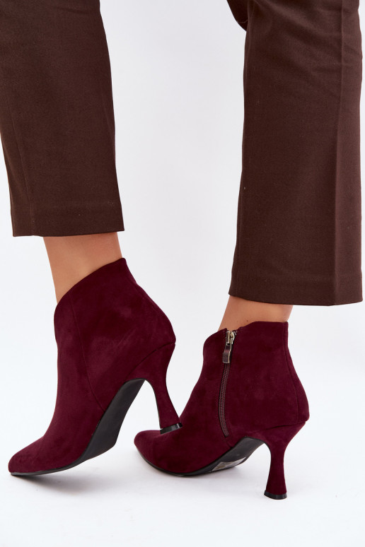 Women's ankle boots on a slim heel with pointed toe in burgundy color Bessia