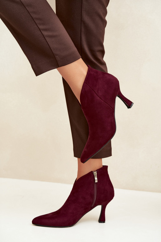 Women's ankle boots on a slim heel with pointed toe in burgundy color Bessia