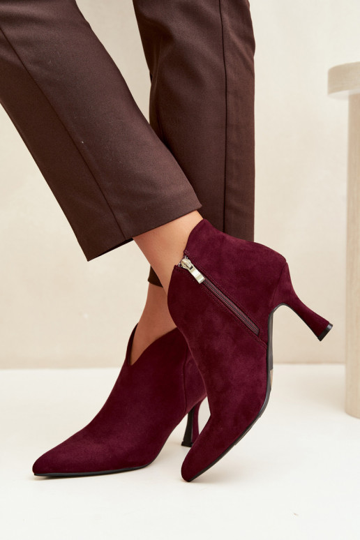 Women's ankle boots on a slim heel with pointed toe in burgundy color Bessia