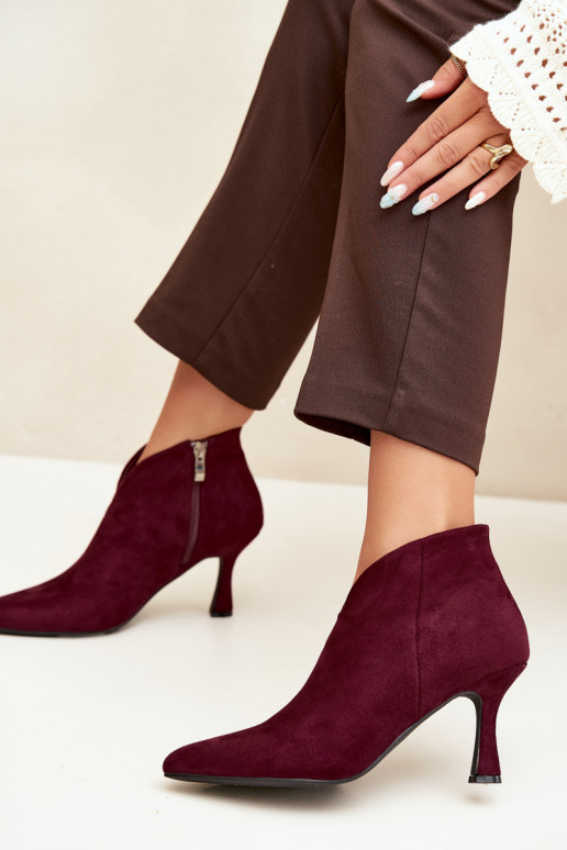Women's ankle boots on a slim heel with pointed toe in burgundy color Bessia
