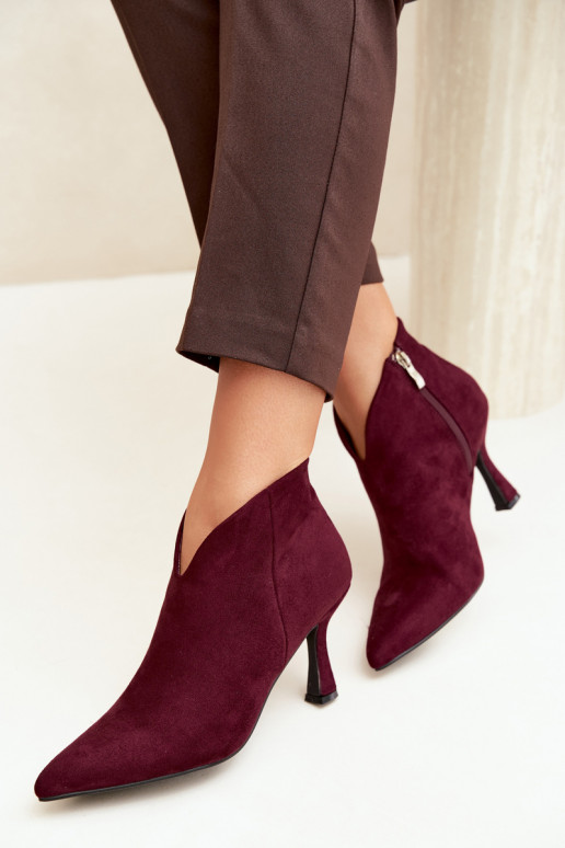 Women's ankle boots on a slim heel with pointed toe in burgundy color Bessia