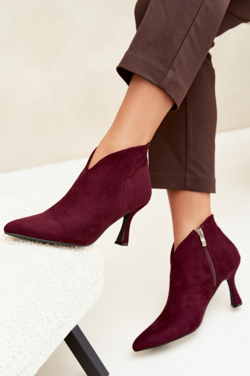 Women's ankle boots on a slim heel with pointed toe in burgundy color Bessia