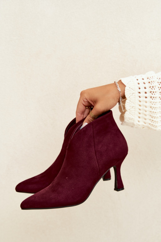 Women's ankle boots on a slim heel with pointed toe in burgundy color Bessia