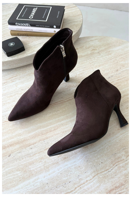 Women's ankle boots on a slim heel with pointed toe in chocolate color Bessia