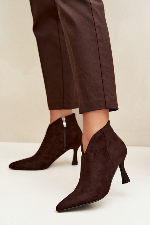 Women's ankle boots on a slim heel with pointed toe in chocolate color Bessia