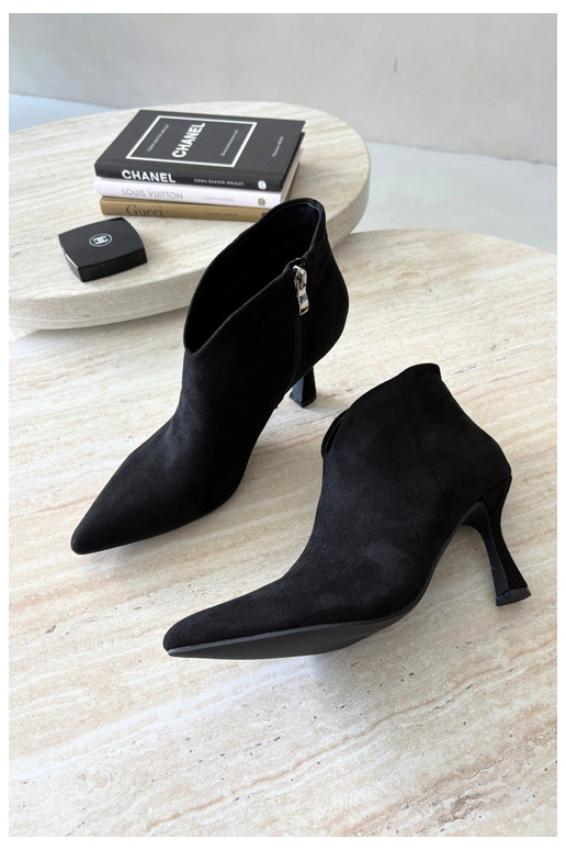 Women's ankle boots on a slim heel with pointed toe in black color Bessia