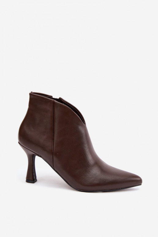 Women's ankle boots on a slim heel with pointed toe in dark brown color Bessia