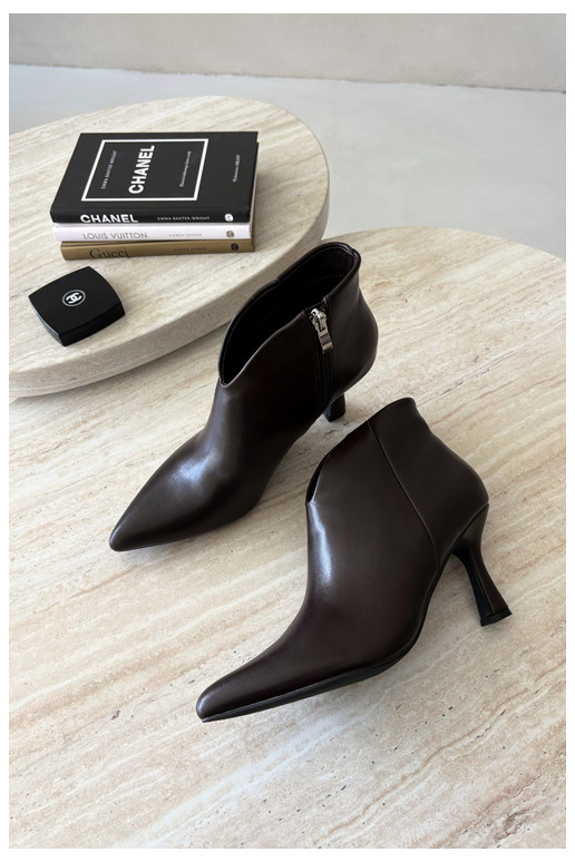 Women's ankle boots on a slim heel with pointed toe in dark brown color Bessia