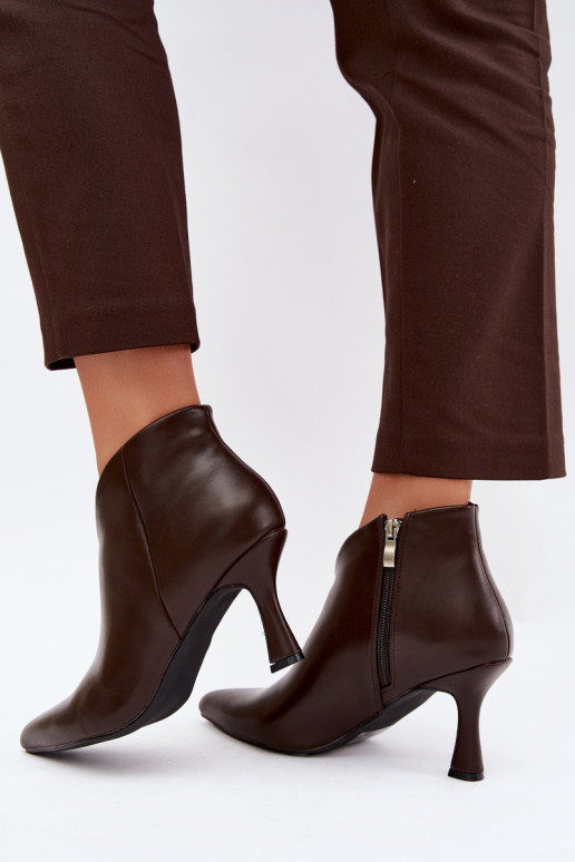 Women's ankle boots on a slim heel with pointed toe in dark brown color Bessia