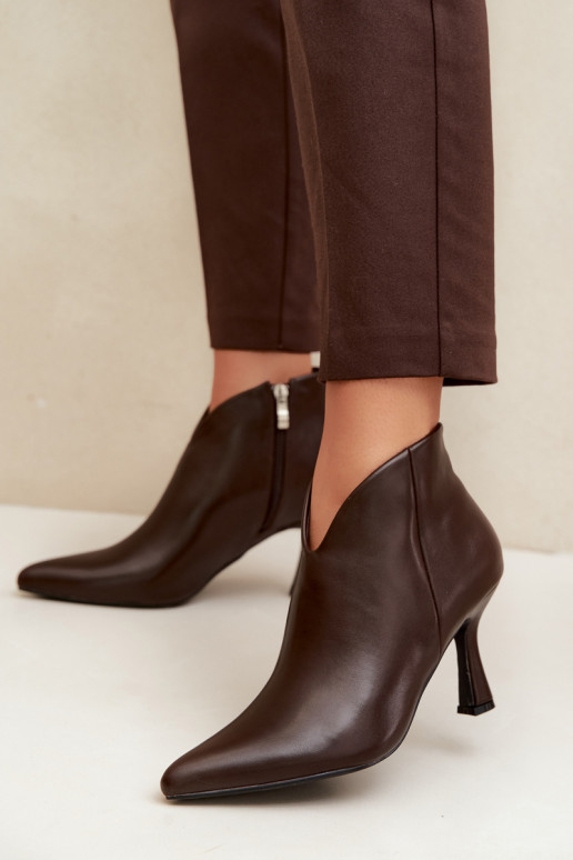 Women's ankle boots on a slim heel with pointed toe in dark brown color Bessia