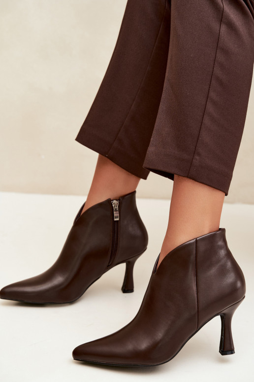 Women's ankle boots on a slim heel with pointed toe in dark brown color Bessia
