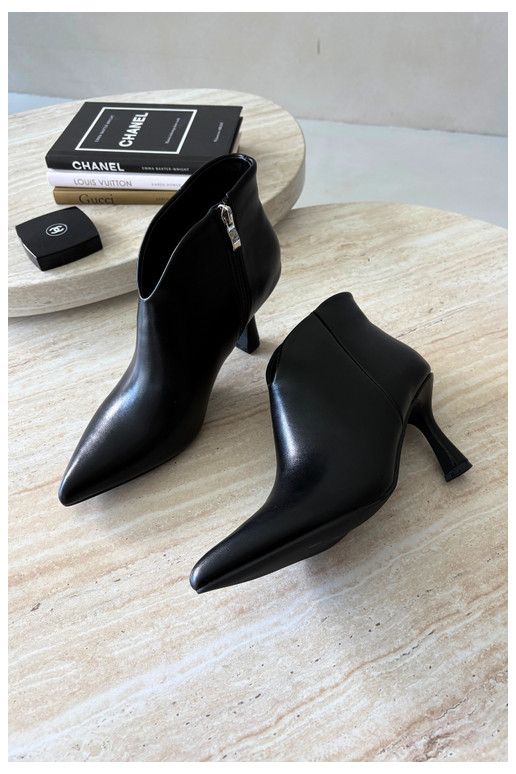 Women's ankle boots on a slim heel with pointed toe in black color Bessia