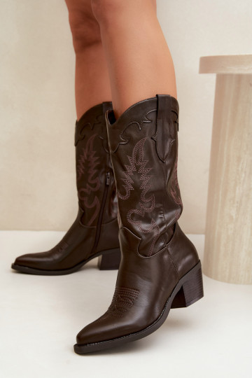 Cowboy-style knee-high boots with heels in chocolate faux leather Jarissa