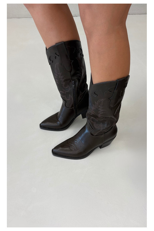 Cowboy-style knee-high boots with heels in chocolate faux leather Jarissa