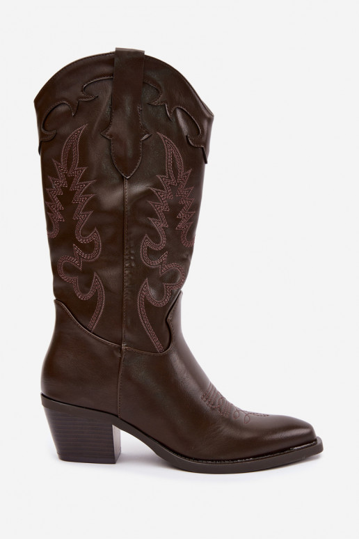 Cowboy-style knee-high boots with heels in chocolate faux leather Jarissa
