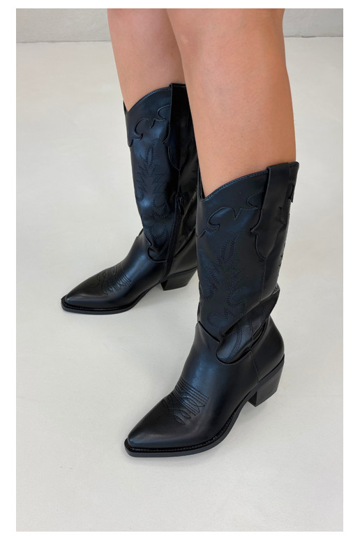Długie buty kowbojskie z obcasami w czarnym sztucznym skórze Jarissa