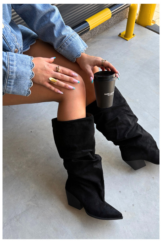 Women's over-the-knee boots with a curved upper part and heels made of suede in black color Durela