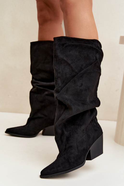 Women's over-the-knee boots with a curved upper part and heels made of suede in black color Durela