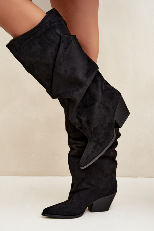 Women's over-the-knee boots with a curved upper part and heels made of suede in black color Durela