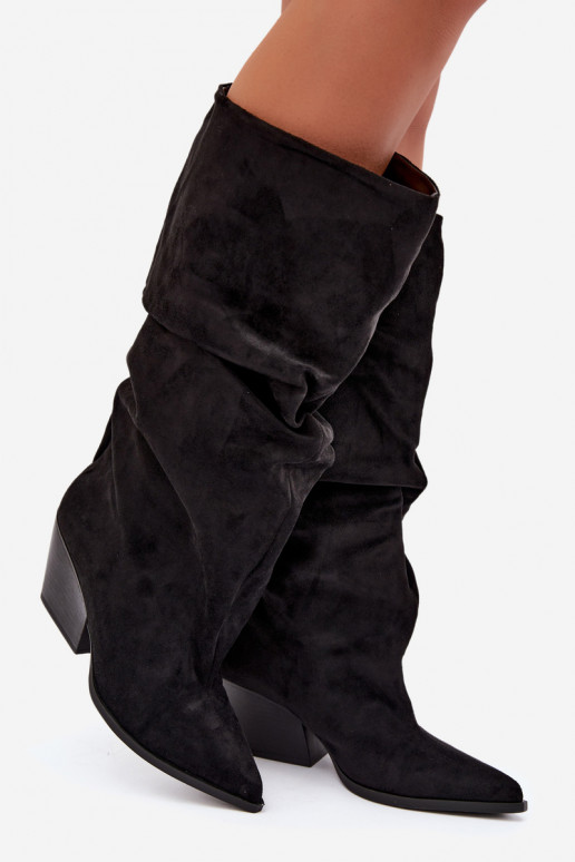 Women's over-the-knee boots with a curved upper part and heels made of suede in black color Durela