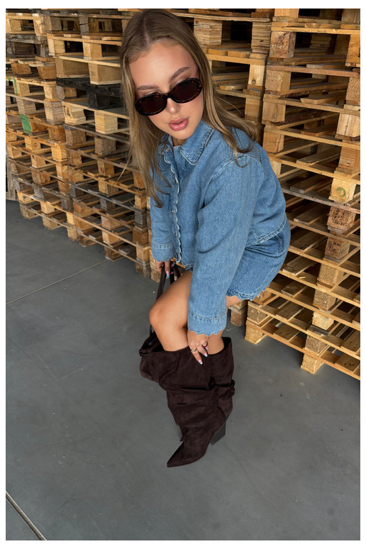 Women's over-the-knee boots with a curved upper part and heels made of suede in chocolate color Durela