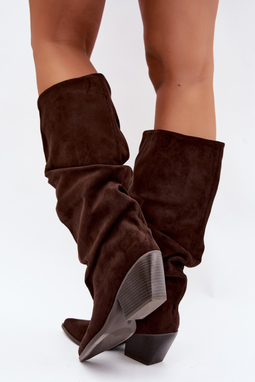 Women's over-the-knee boots with a curved upper part and heels made of suede in chocolate color Durela