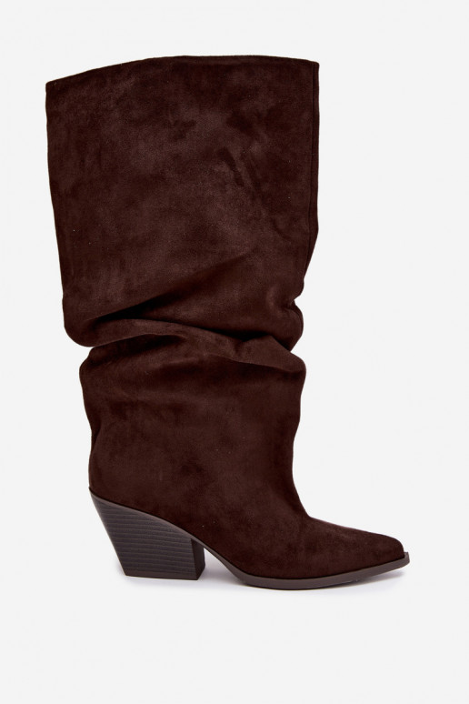 Women's over-the-knee boots with a curved upper part and heels made of suede in chocolate color Durela
