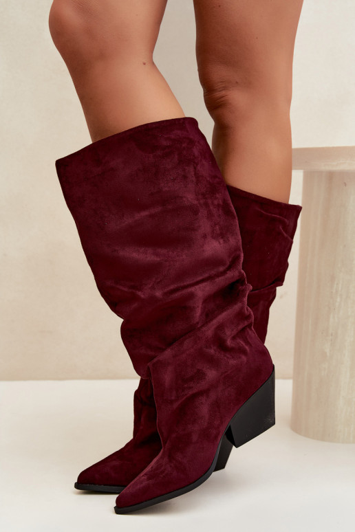 Women's over-the-knee boots with a curved upper part and heels made of suede in burgundy color Durela