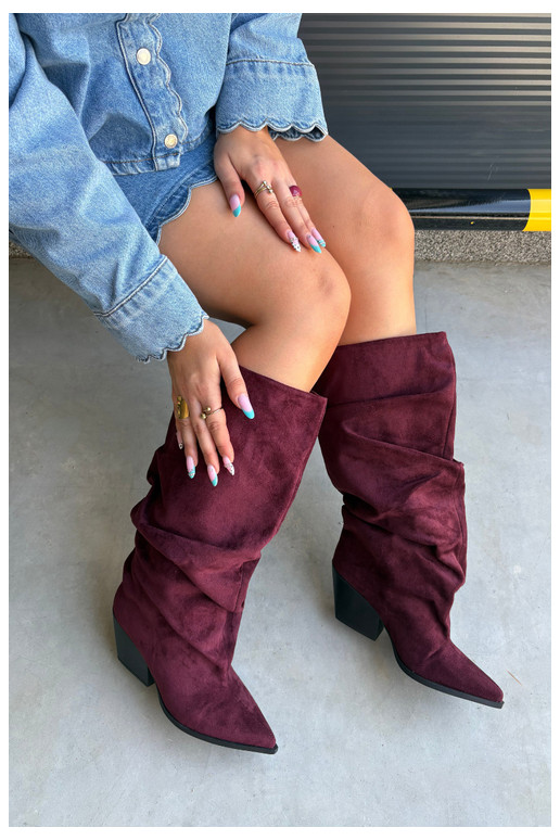 Women's over-the-knee boots with a curved upper part and heels made of suede in burgundy color Durela