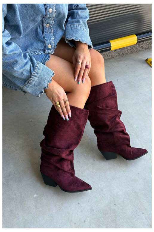 Women's over-the-knee boots with a curved upper part and heels made of suede in burgundy color Durela