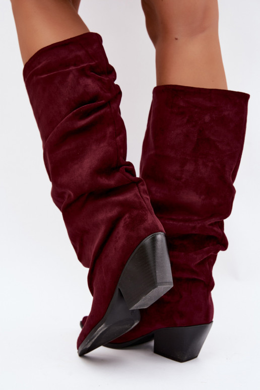 Women's over-the-knee boots with a curved upper part and heels made of suede in burgundy color Durela
