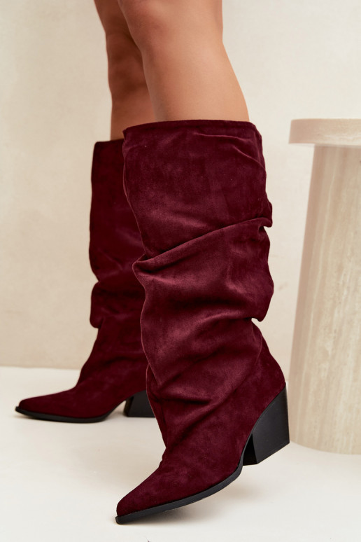 Women's over-the-knee boots with a curved upper part and heels made of suede in burgundy color Durela