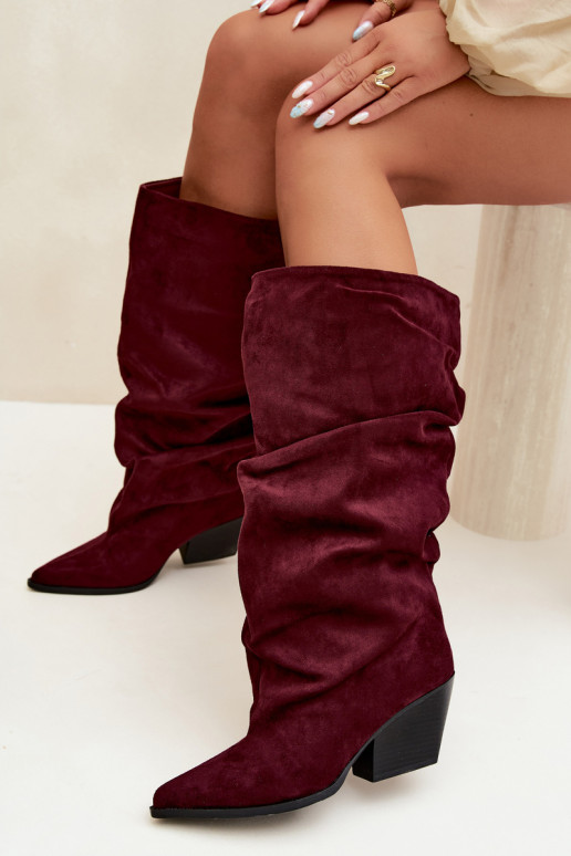 Women's over-the-knee boots with a curved upper part and heels made of suede in burgundy color Durela