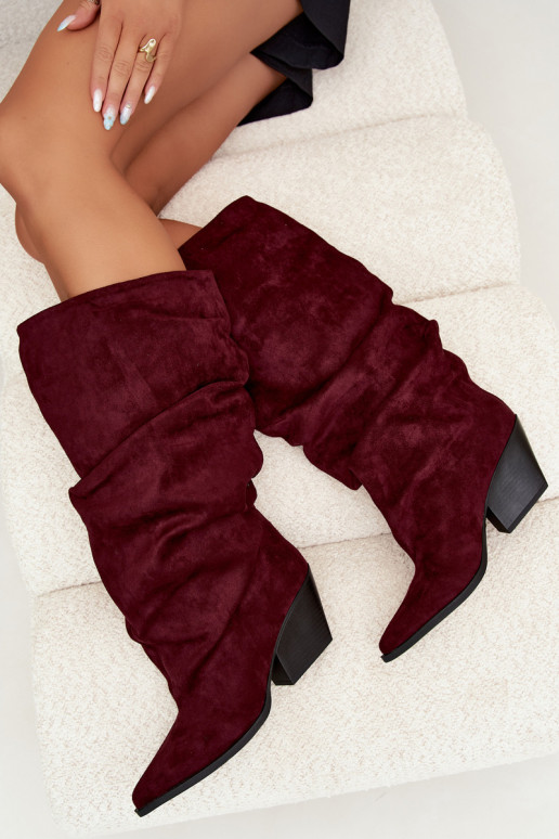 Women's over-the-knee boots with a curved upper part and heels made of suede in burgundy color Durela