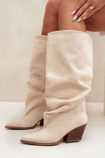 Women's over-the-knee boots with a curved upper part and heels made of suede in sand color Durela