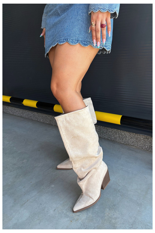 Women's over-the-knee boots with a curved upper part and heels made of suede in sand color Durela