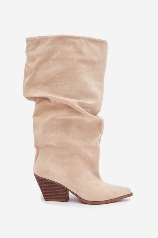 Women's over-the-knee boots with a curved upper part and heels made of suede in sand color Durela