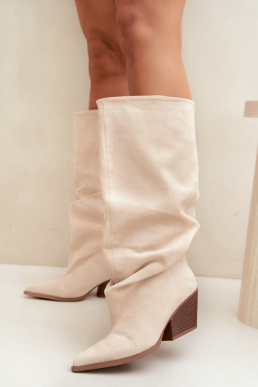 Women's over-the-knee boots with a curved upper part and heels made of suede in sand color Durela