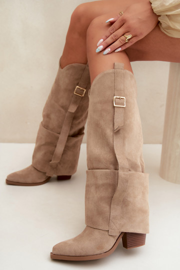 Women's over-the-knee boots with heels and ruffles and buckles in sand color Caster