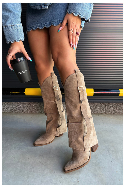 Women's over-the-knee boots with heels and ruffles and buckles in sand color Caster