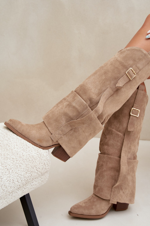 Women's over-the-knee boots with heels and ruffles and buckles in sand color Caster