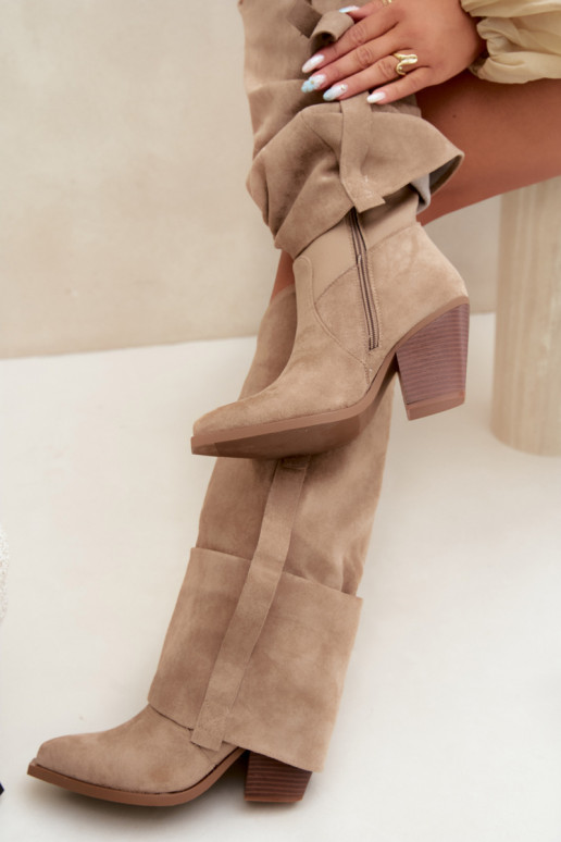 Women's over-the-knee boots with heels and ruffles and buckles in sand color Caster