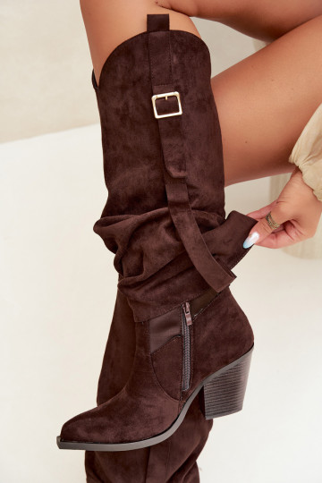 Women's over-the-knee boots with heels and ruffles and buckles in chocolate color Caster
