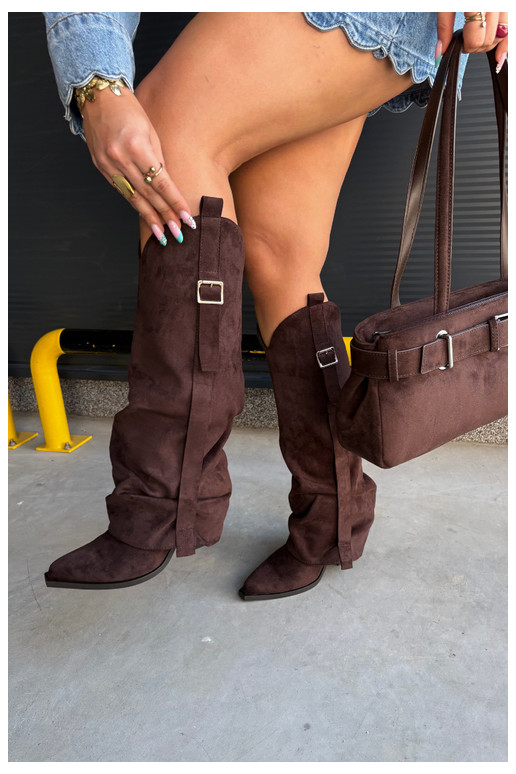 Women's over-the-knee boots with heels and ruffles and buckles in chocolate color Caster