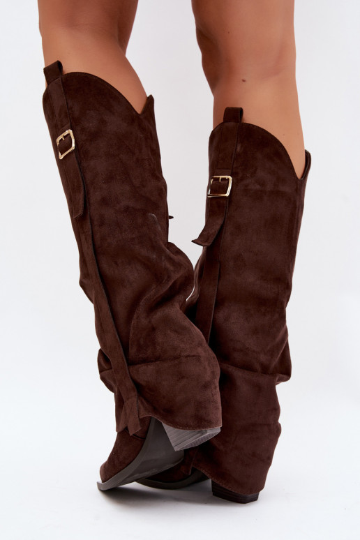 Women's over-the-knee boots with heels and ruffles and buckles in chocolate color Caster