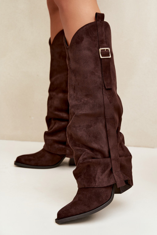 Women's over-the-knee boots with heels and ruffles and buckles in chocolate color Caster