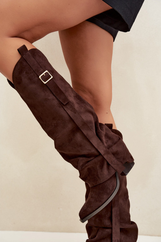 Women's over-the-knee boots with heels and ruffles and buckles in chocolate color Caster