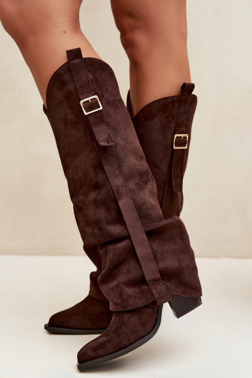 Women's over-the-knee boots with heels and ruffles and buckles in chocolate color Caster